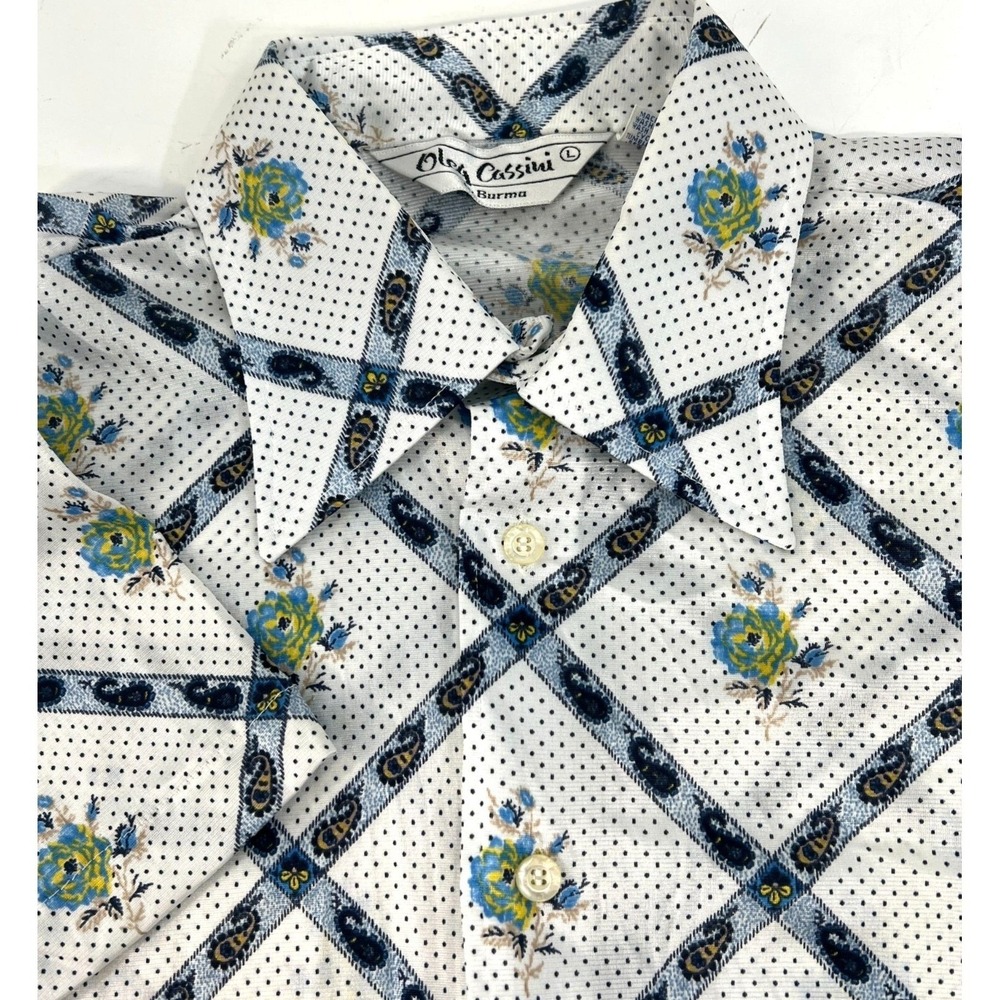 Oleg Cassini Vintage Short Sleeve Shirt Floral Paisley Blue & White Cotton L